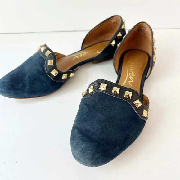 ROWEN Size 8 Blue Suede Gold Studded D'Orsay Flats - Picture 2 of 6
